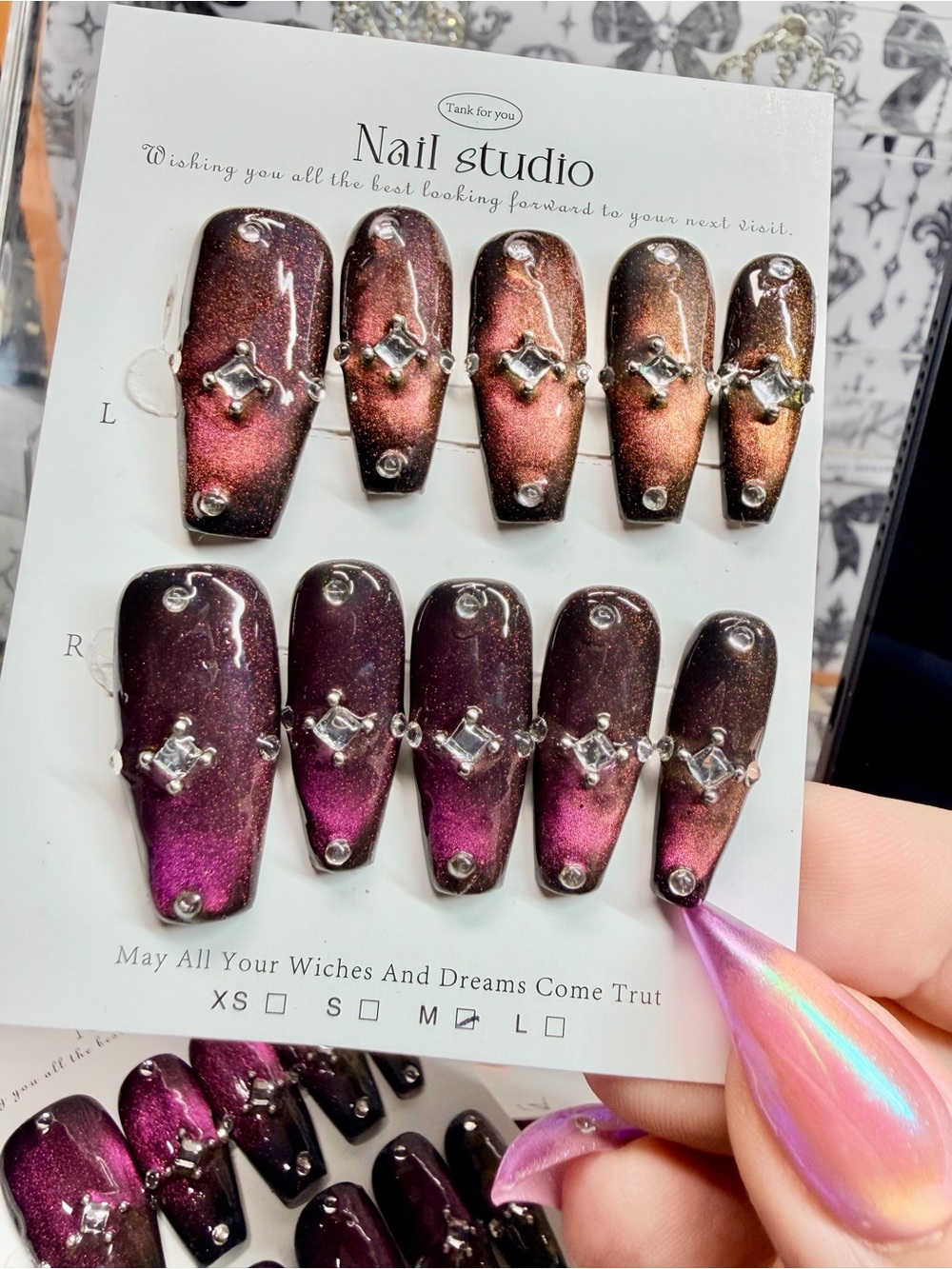 Iridescent Brown-Pink Cat Eye Press-On Nails with Rhinestones